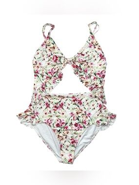 Palms Away Boutique Floral Ruffle Swimsuit White Pink L